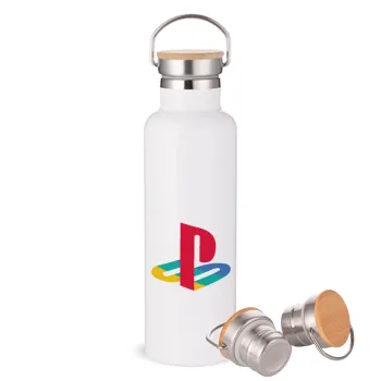 Playstation, Μεταλλικό παγούρι θερμός (Stainless steel) Λευκό με ξύλινο καπάκι (bamboo), διπλού τοιχώματος, 750ml