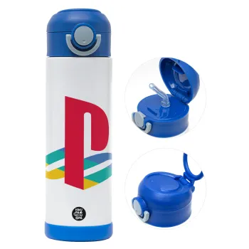 Playstation, Children's hot water bottle, stainless steel, with safety straw, BLUE (500ml)