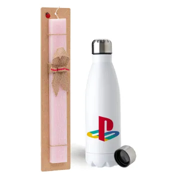 Playstation, Easter Set, metallic stainless steel water bottle (750ml) & scented flat Easter candle (30cm) (PINK)
