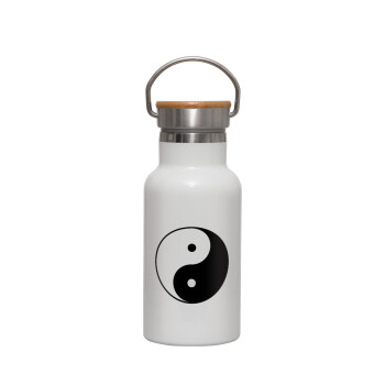 Yin Yang, Μεταλλικό παγούρι θερμός (Stainless steel) Λευκό με ξύλινο καπακι (bamboo), διπλού τοιχώματος, 350ml
