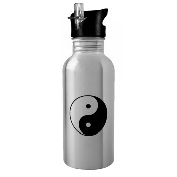 Yin Yang, Παγούρι νερού Ασημένιο με καλαμάκι, ανοξείδωτο ατσάλι 600ml