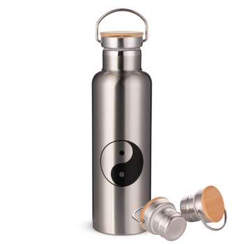 Yin Yang, Μεταλλικό παγούρι θερμός (Stainless steel) Ασημένιο με ξύλινο καπακι (bamboo), διπλού τοιχώματος, 750ml