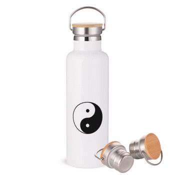 Yin Yang, Μεταλλικό παγούρι θερμός (Stainless steel) Λευκό με ξύλινο καπακι (bamboo), διπλού τοιχώματος, 750ml