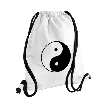 Yin Yang, Τσάντα πλάτης πουγκί GYMBAG λευκή, με τσέπη (40x48cm) & χονδρά κορδόνια