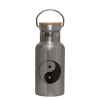 Stainless steel metallic thermos flask, silver with a bamboo lid, double-walled, 350ml.