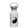 Metallic thermos (Stainless steel) White with wooden lid (bamboo), double-walled, 350ml
