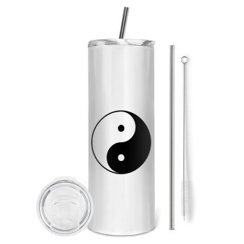 Yin Yang, Eco friendly ποτήρι θερμό (tumbler) από ανοξείδωτο ατσάλι 600ml, με μεταλλικό καλαμάκι & βούρτσα καθαρισμού
