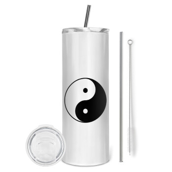 Yin Yang, Tumbler ποτήρι θερμό από ανοξείδωτο ατσάλι 600ml, με μεταλλικό καλαμάκι & βούρτσα καθαρισμού