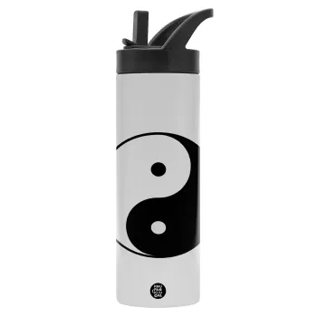 Yin Yang, Metallic thermos bottle with straw & handle, stainless steel (Stainless steel 304), double-walled, 600ml.