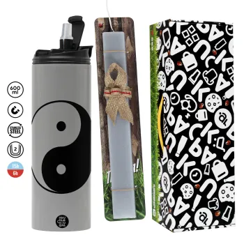 Yin Yang, Πασχαλινή Λαμπάδα με Travel Tumbler θερμό (600ml, BPA free) & κερί αρωματικό πλακέ (30cm) (ΓΚΡΙ)