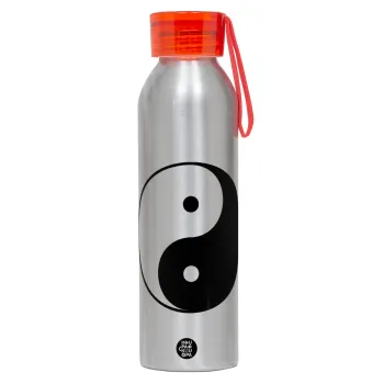 Yin Yang, Αλουμινένιο Αθλητικό Μπουκάλι 650ml – Ασημί με Κόκκινο Καπάκι και Λουράκι Σιλικόνης