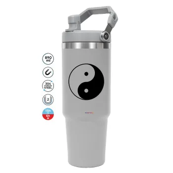 Yin Yang, ΓΚΡΙ Travel Tumbler Θερμός με χερούλι και καλαμάκι 890ml