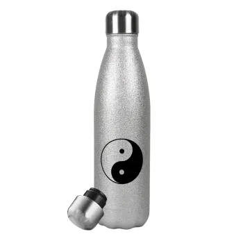 Yin Yang, Μεταλλικό παγούρι θερμός Glitter Aσημένιο (Stainless steel), διπλού τοιχώματος, 500ml