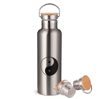 Yin Yang, Μεταλλικό παγούρι θερμός (Stainless steel) Ασημένιο με ξύλινο καπακι (bamboo), διπλού τοιχώματος, 750ml