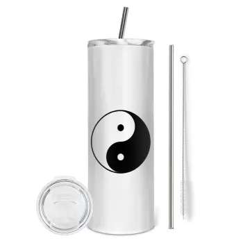 Yin Yang, Tumbler ποτήρι θερμό από ανοξείδωτο ατσάλι 600ml, με μεταλλικό καλαμάκι & βούρτσα καθαρισμού