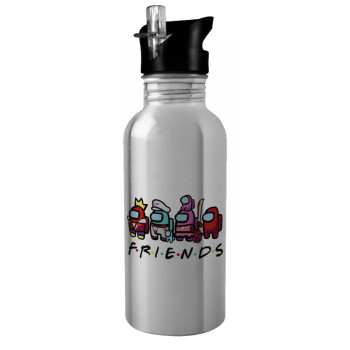 Among US Friends, Water bottle Silver with straw, stainless steel 600ml