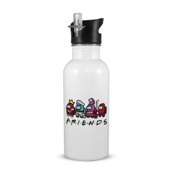 Among US Friends, White water bottle with straw, stainless steel 600ml