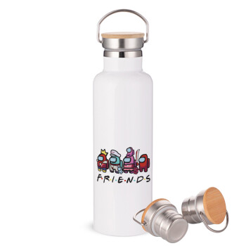 Among US Friends, Stainless steel White with wooden lid (bamboo), double wall, 750ml