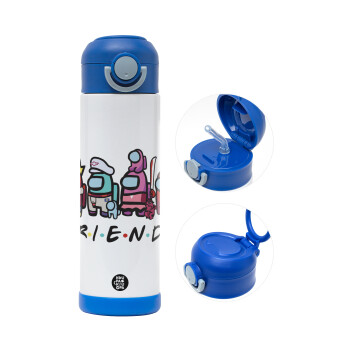 Among US Friends, Children's hot water bottle, stainless steel, with safety straw, BLUE (500ml)