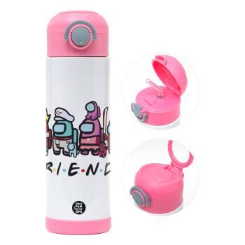 Among US Friends, Children's hot water bottle, stainless steel, with safety straw, PINK (500ml)
