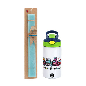 Among US Friends, Easter Set, Children's thermal stainless steel bottle with safety straw, green/blue (350ml) & aromatic flat Easter candle (30cm) (TURQUOISE)