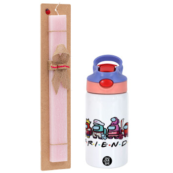 Among US Friends, Πασχαλινή Λαμπάδα με Παιδικό παγούρι θερμό, ανοξείδωτο, με καλαμάκι ασφαλείας, ροζ/μωβ (350ml) & κερί αρωματικό πλακέ (30cm) (ΡΟΖ)