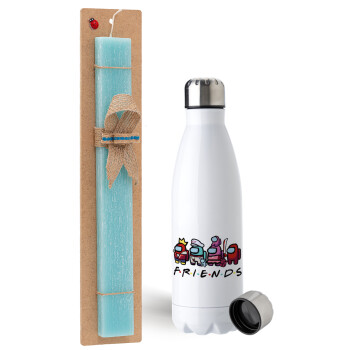 Among US Friends, Easter Set, metallic stainless steel water bottle (750ml) & aromatic flat Easter candle (30cm) (TURQUOISE)