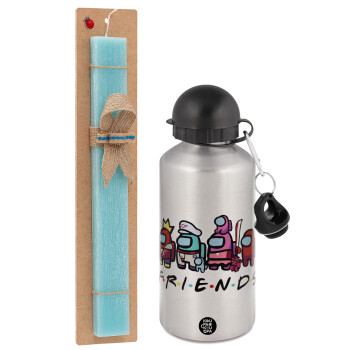 Among US Friends, Easter Set, metallic silver aluminum water bottle (500ml) & scented flat Easter candle (30cm) (TURQUOISE)