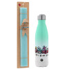 Easter Set, Metallic green/white thermos (Stainless steel), double-walled, 500ml & scented flat Easter candle (30cm) (TURQUOISE)