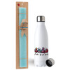 Easter Set, metallic stainless steel water bottle (750ml) & aromatic flat Easter candle (30cm) (TURQUOISE)
