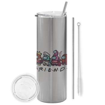 Among US Friends, Eco friendly stainless steel Silver tumbler 600ml, with metal straw & cleaning brush