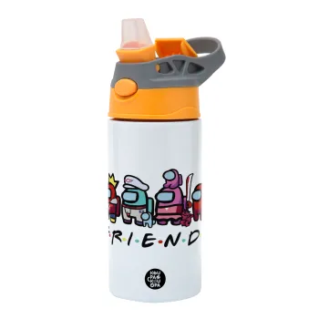 Among US Friends, Children's hot water bottle, stainless steel, with safety straw, Orange/Grey (360ml) BPA-FREE