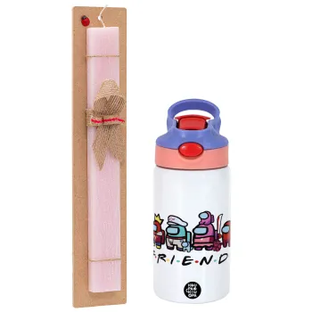 Among US Friends, Easter Set, Children's thermal stainless steel water bottle with safety straw, pink/purple (350ml) & Easter scented flat candle (30cm) (PINK)