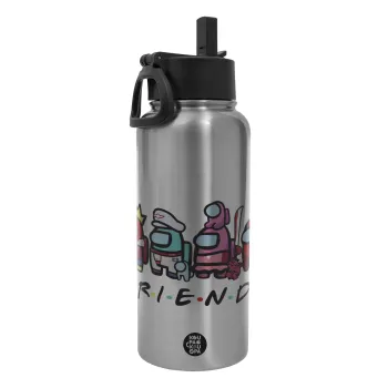 Among US Friends, Metal mug thermo Silver with Straw and Spout Lid (Stainless steel), double wall, 950ml