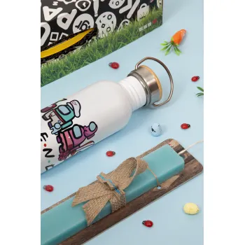 Among US Friends, Easter Set, metallic silver aluminum water bottle (500ml) & scented flat Easter candle (30cm) (TURQUOISE)