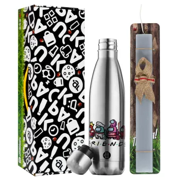 Among US Friends, Easter Set, metallic stainless thermos flask (500ml) & scented flat Easter candle (30cm) (GRAY)