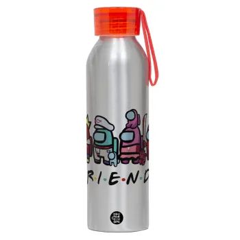 Among US Friends, Αλουμινένιο Αθλητικό Μπουκάλι 650ml – Ασημί με Κόκκινο Καπάκι και Λουράκι Σιλικόνης
