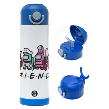 Among US Friends, Children's hot water bottle, stainless steel, with safety straw, BLUE (500ml)