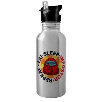 Among US Eat Sleep Repeat Impostor, Water bottle Silver with straw, stainless steel 600ml