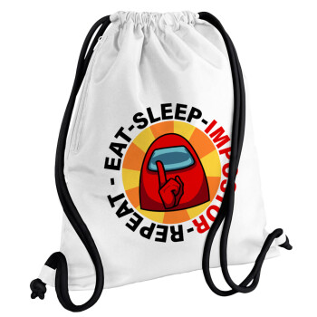 Among US Eat Sleep Repeat Impostor, Τσάντα πλάτης πουγκί GYMBAG λευκή, με τσέπη (40x48cm) & χονδρά κορδόνια