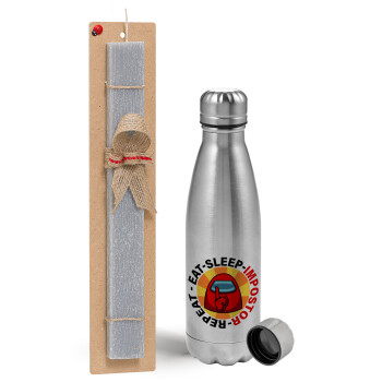Among US Eat Sleep Repeat Impostor, Easter Set, metallic Inox water bottle (750ml) & aromatic flat Easter candle (30cm) (GRAY)