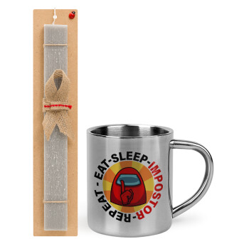 Among US Eat Sleep Repeat Impostor, Easter Set, metallic thermal cup (300ml) & Easter aromatic flat candle (30cm) (GRAY)