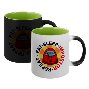 Among US Eat Sleep Repeat Impostor, Κούπα Μαγική εσωτερικό πράσινο, κεραμική 330ml που αλλάζει χρώμα με το ζεστό ρόφημα