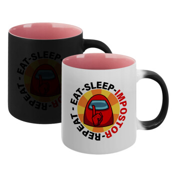 Among US Eat Sleep Repeat Impostor, Κούπα Μαγική εσωτερικό ΡΟΖ, κεραμική 330ml που αλλάζει χρώμα με το ζεστό ρόφημα