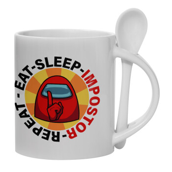 Among US Eat Sleep Repeat Impostor, Ceramic coffee mug with Spoon, 330ml (1pcs)