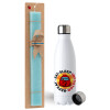 Easter Set, metallic stainless steel water bottle (750ml) & aromatic flat Easter candle (30cm) (TURQUOISE)