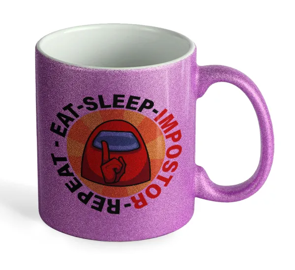 Among US Eat Sleep Repeat Impostor — Κούπα Μωβ Glitter που γυαλίζει, κεραμική, 330ml