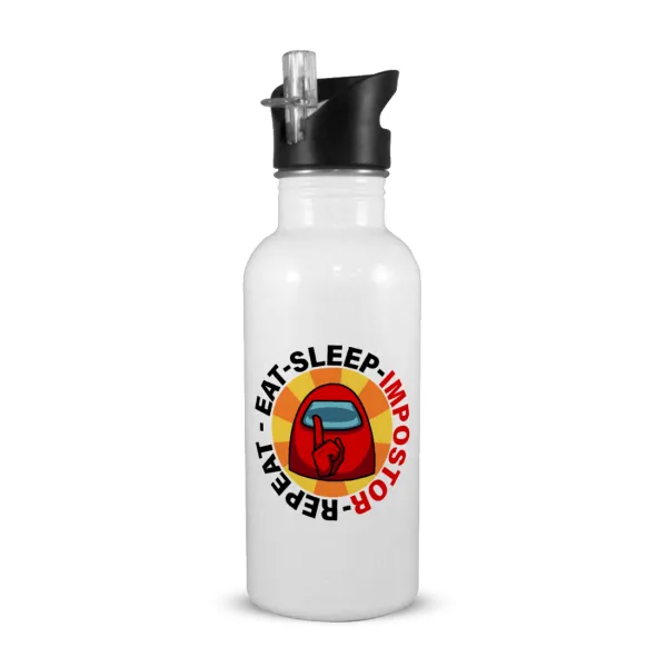 Among US Eat Sleep Repeat Impostor — White water bottle with straw, stainless steel 600ml