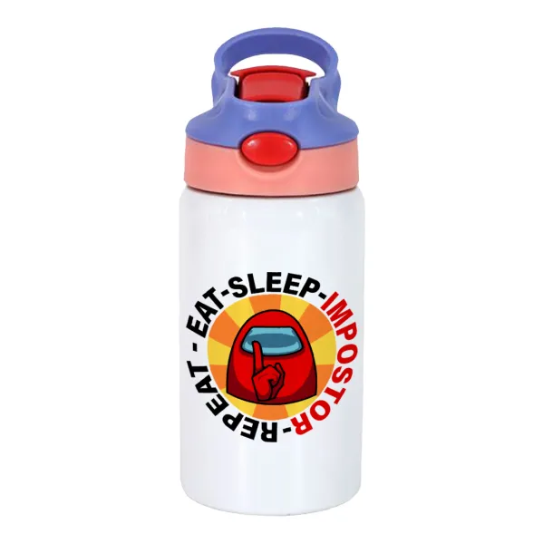 Among US Eat Sleep Repeat Impostor — Children's hot water bottle, stainless steel, with safety straw, pink/purple (350ml)