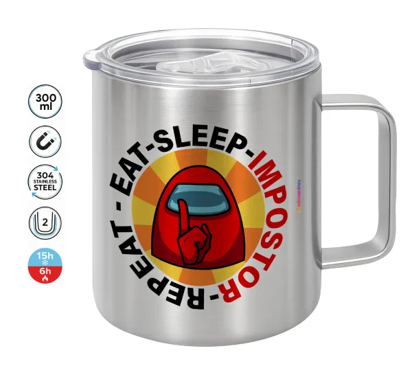 Among US Eat Sleep Repeat Impostor — Double-walled stainless steel mug 300ml with temperature-retaining lid